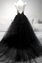 Black V Neck Lace Long Formal Prom Dresses A Line Formal Evening Dresses