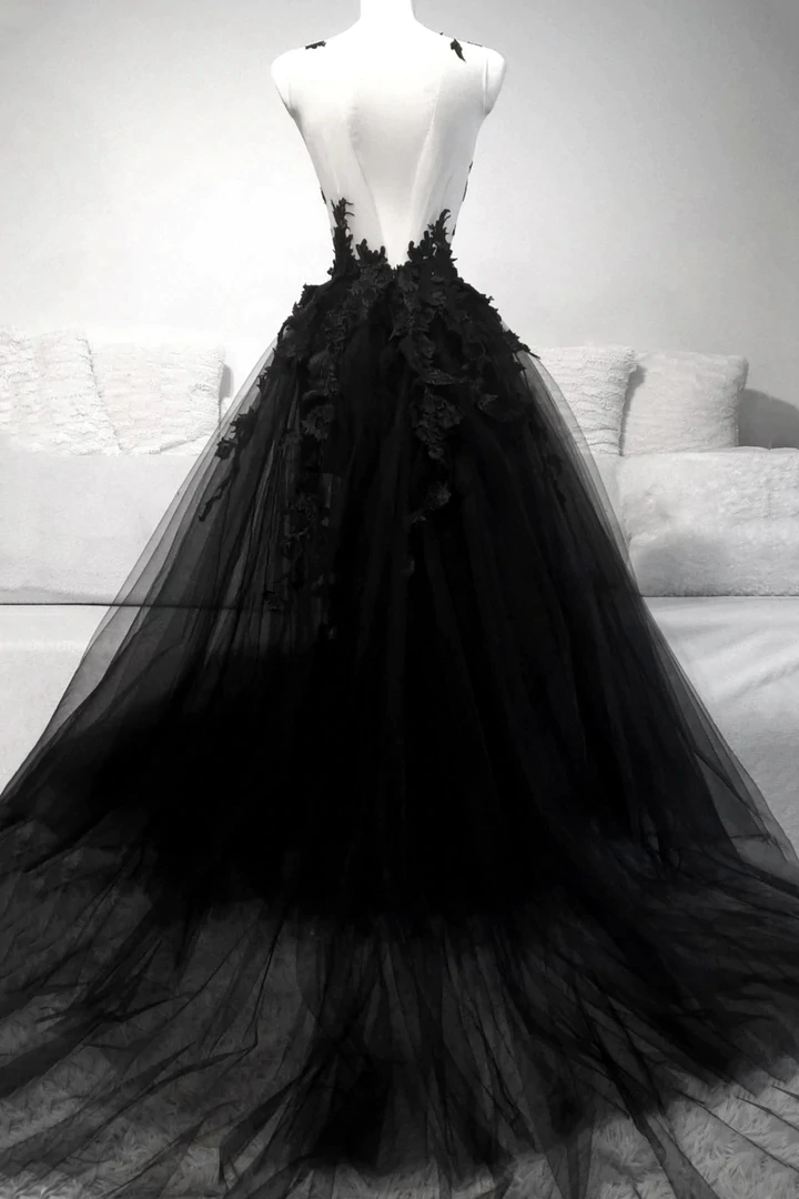 Black V Neck Lace Long Formal Prom Dresses A Line Formal Evening Dresses
