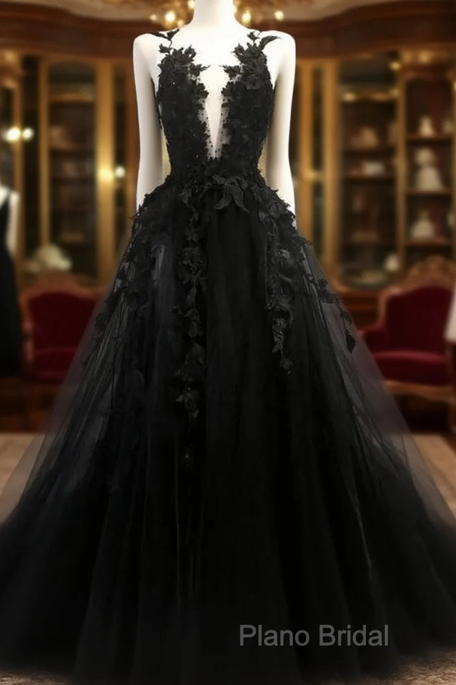 Black V Neck Lace Long Formal Prom Dresses A Line Formal Dresses Main image