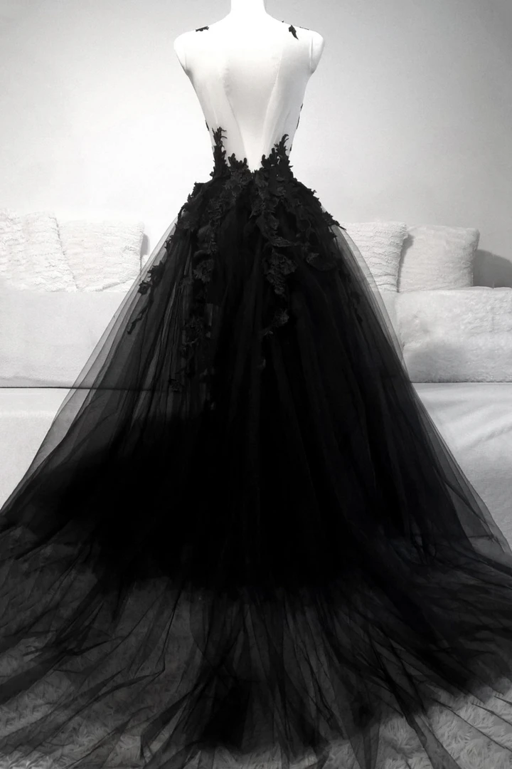 Black V Neck Lace Long Formal Prom Dresses A Line Formal Evening Dresses Secondary image