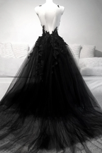 Black V Neck Lace Long Formal Prom Dresses A Line Formal Evening Dresses