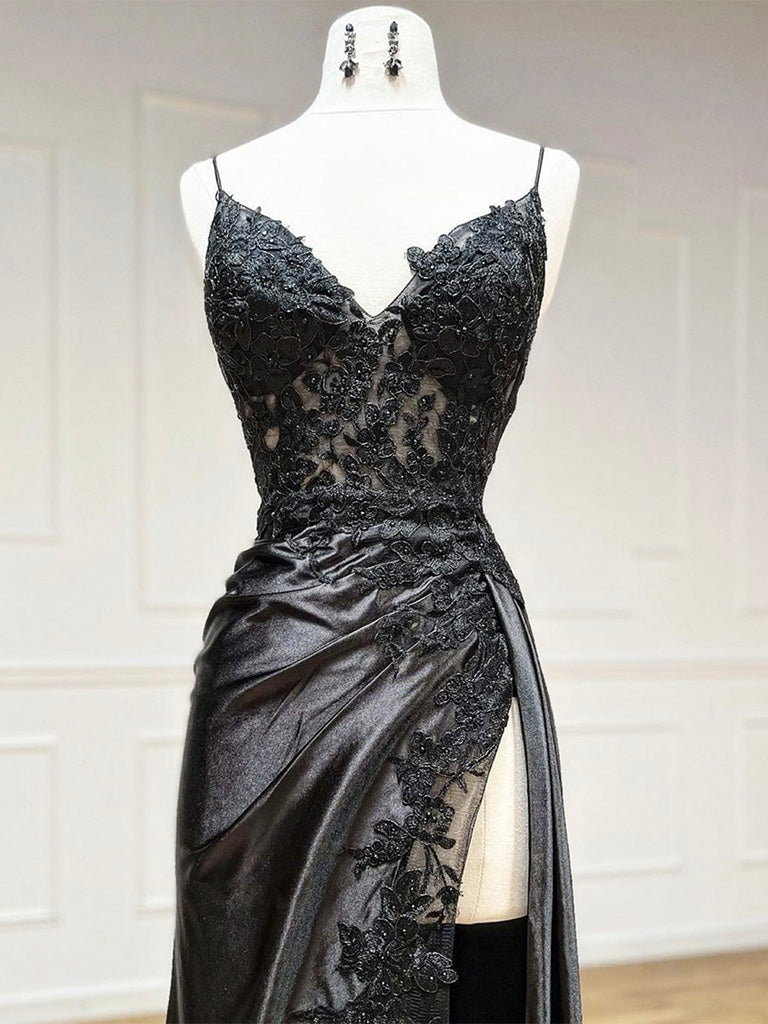 Black V Neck Lace Satin Long Formal Prom Dresses, Black Formal Prom Dresses Secondary image