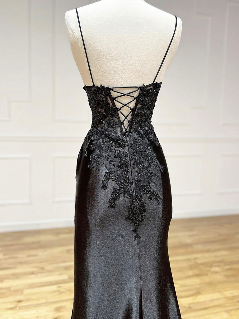 Black V Neck Lace Satin Long Formal Prom Dresses, Black Formal Prom Dresses