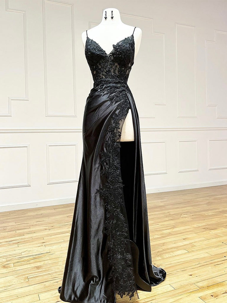 Black V Neck Lace Satin Long Formal Prom Dresses, Black Formal Prom Dresses Main image