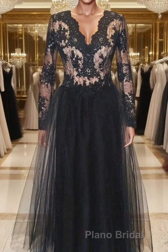 Black v neck lace tulle long evening dress black lace Formal Prom dress Main image