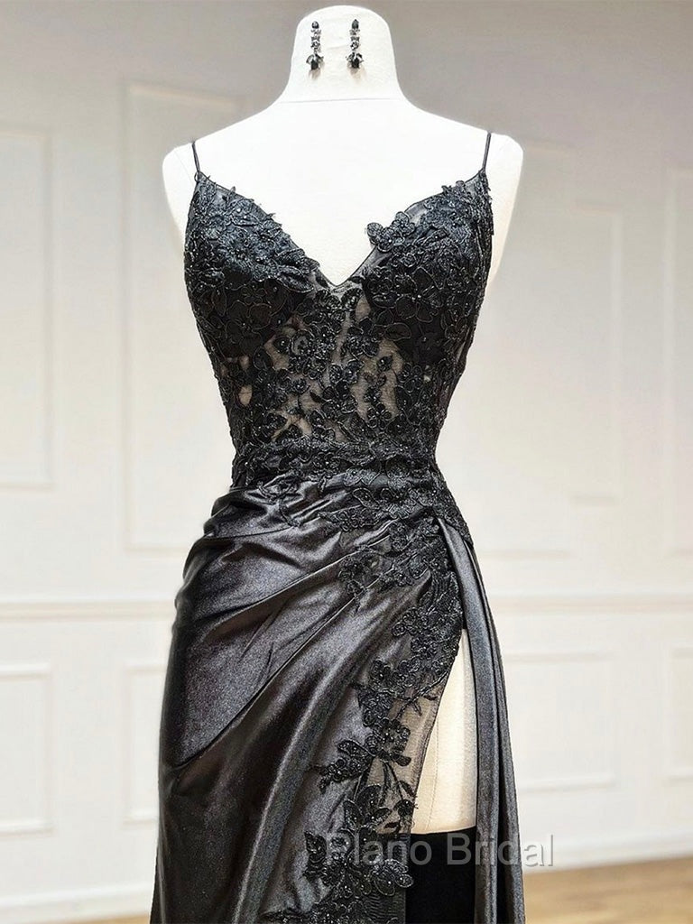 Dark Blue V Neck Satin Lace Long Formal Prom Dresses, Dark Blue Lace Long Evening Dresses Secondary image