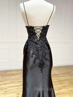 Dark Blue V Neck Satin Lace Long Formal Prom Dresses, Dark Blue Lace Long Evening Dresses