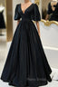 Black V-Neck Satin Long Formal Prom Dresses, A-Line Short Sleeve Evening Dresses