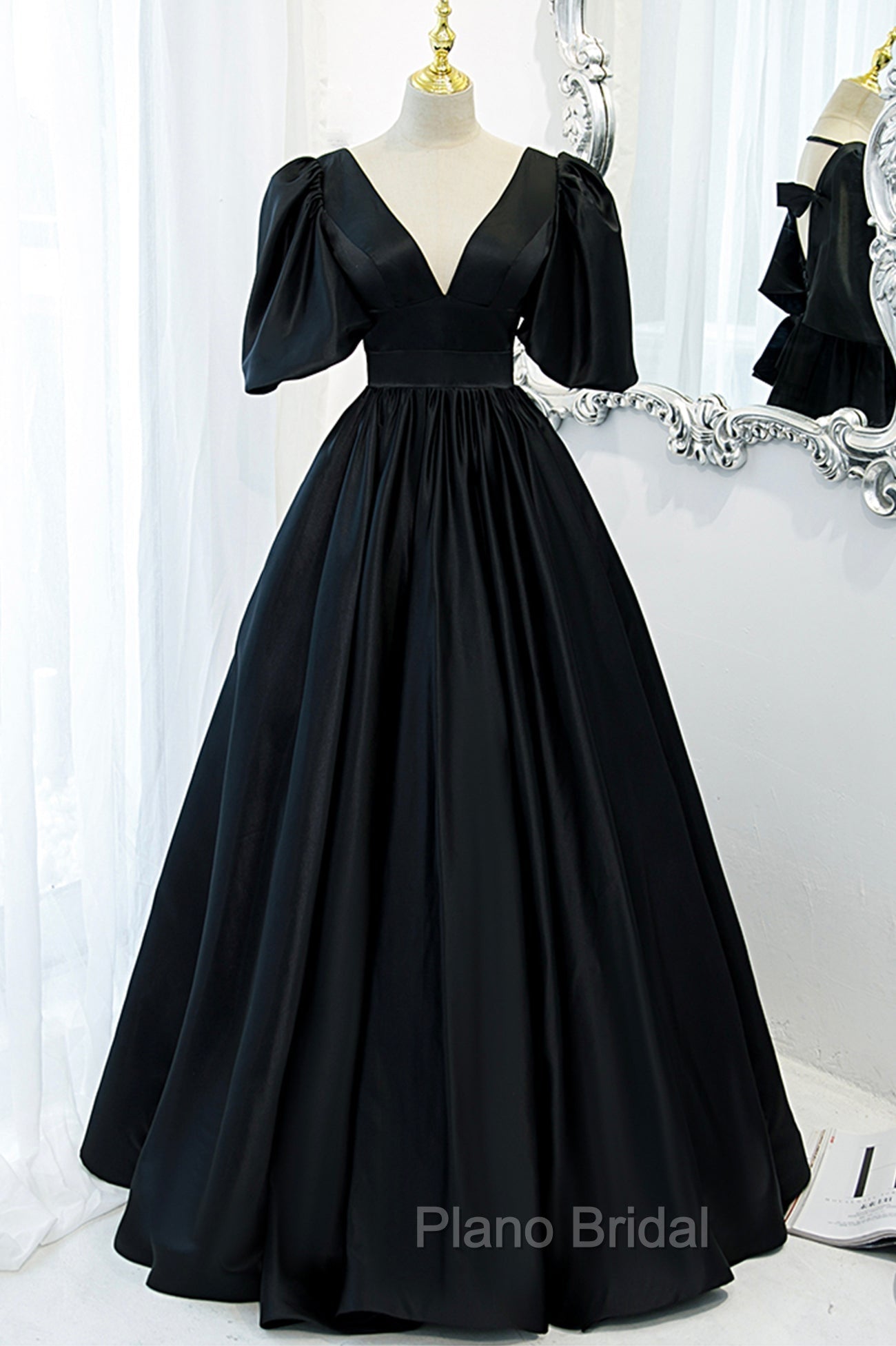 Black V-Neck Satin Long Formal Prom Dresses, A-Line Short Sleeve Evening Dresses Main image