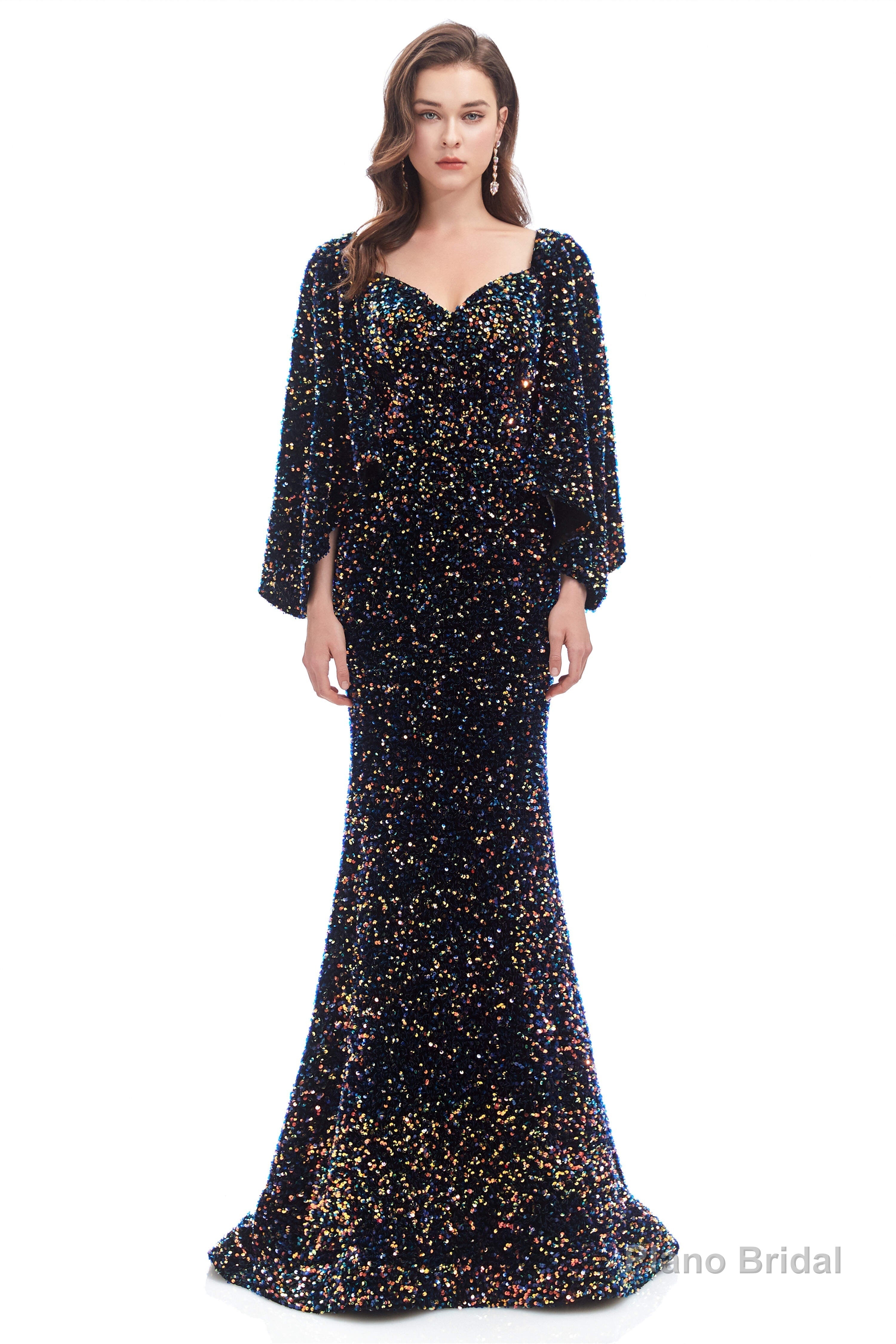V-Neck Sequins Mermaid Prom Dresses with Sleeves