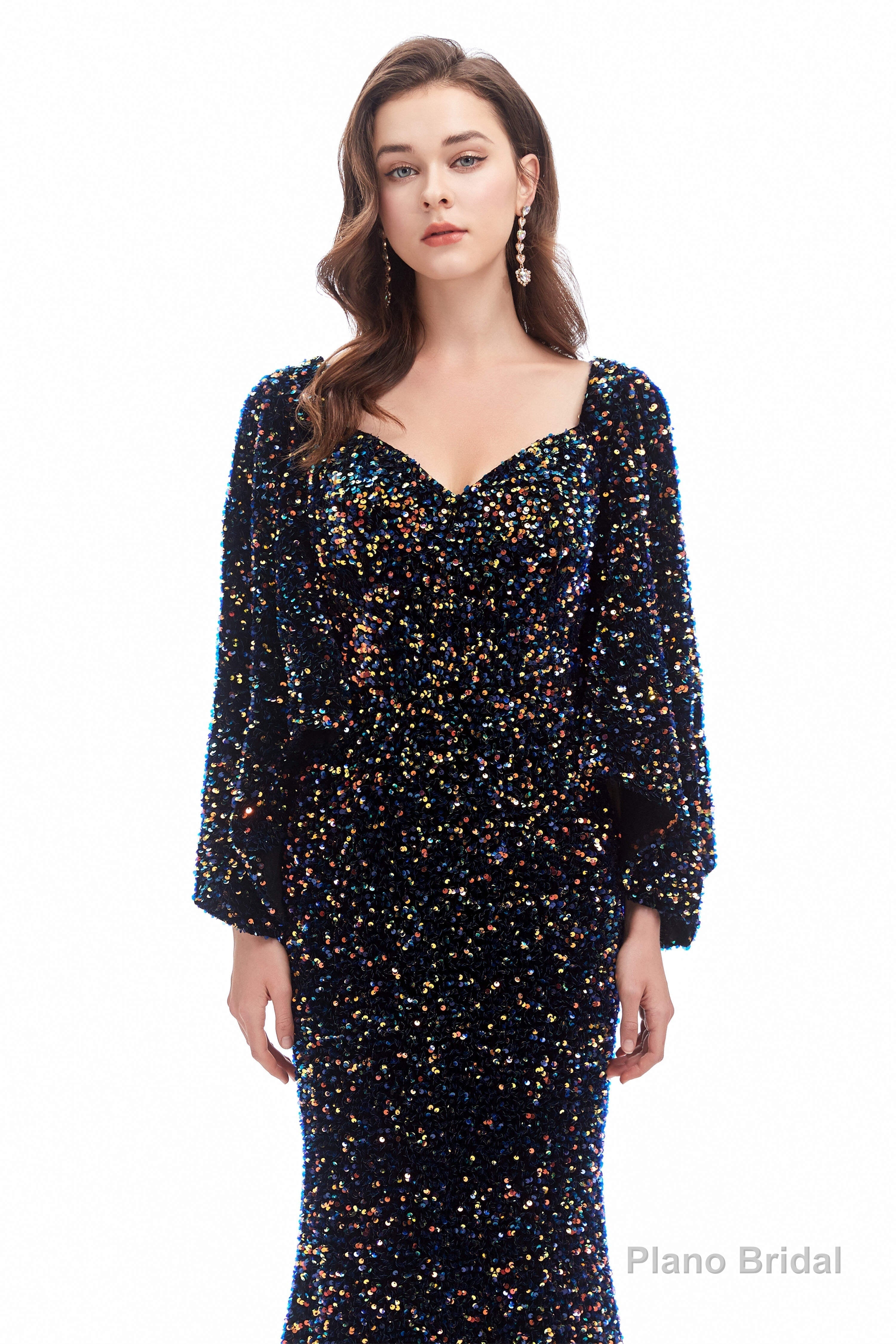 V-Neck Sequins Mermaid Prom Dresses with Sleeves