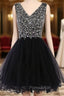 Black V-neck Tulle Beading Crystal Short Homecoming Dresses