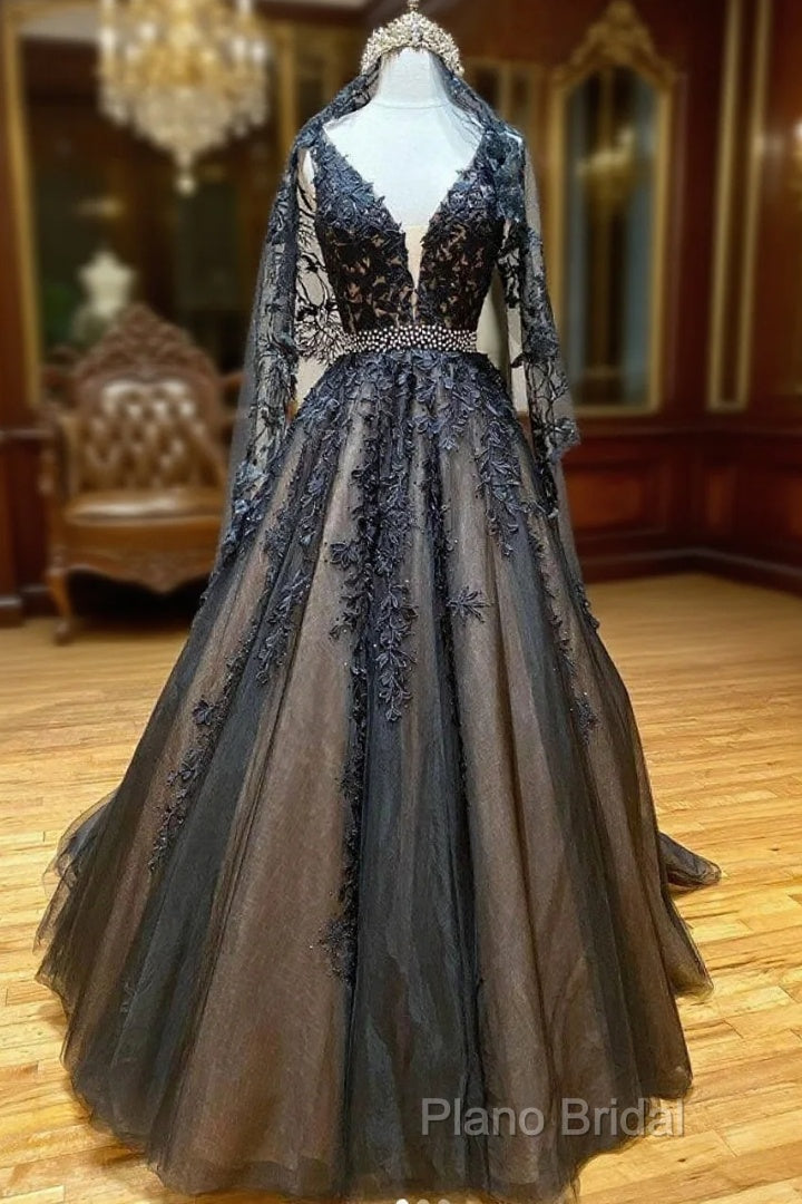 Black V Neck Tulle Lace Beads Long Formal Prom Dresses Black Formal Dresses Main image