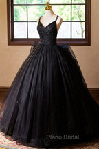 Black V-Neck Tulle Lace Formal Prom Dresses, Gorgeous A-Line Evening Party Dresses