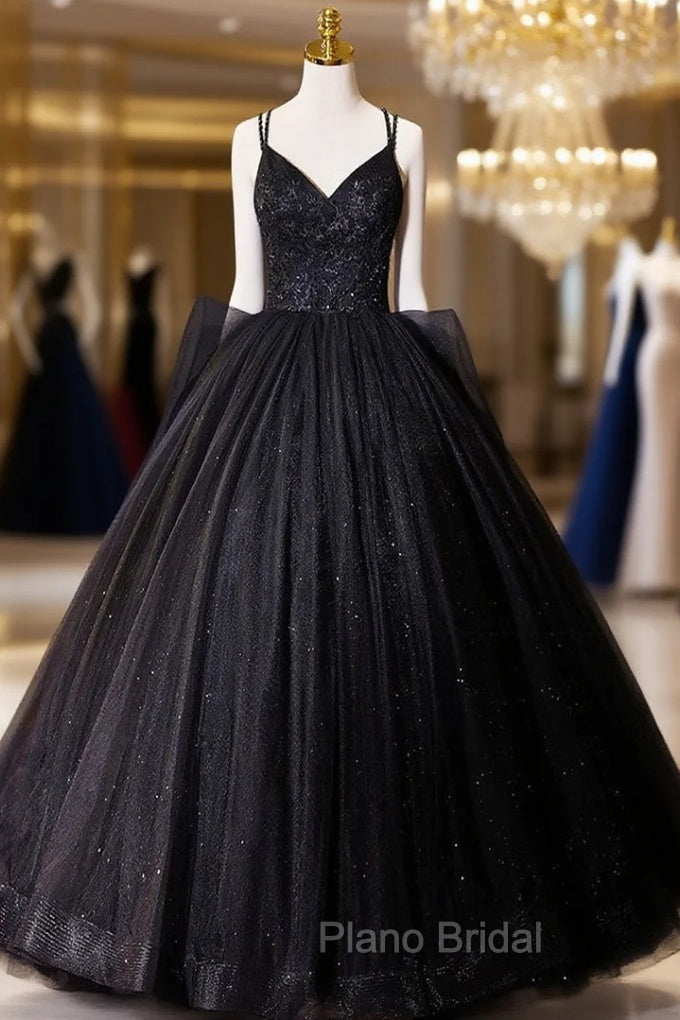 Black V-Neck Tulle Lace Formal Prom Dresses, Gorgeous A-Line Evening Party Dresses Main image