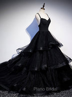 Black V Neck Tulle Long Formal Prom Dresses, Black Formal Graduation Dresses with Beading