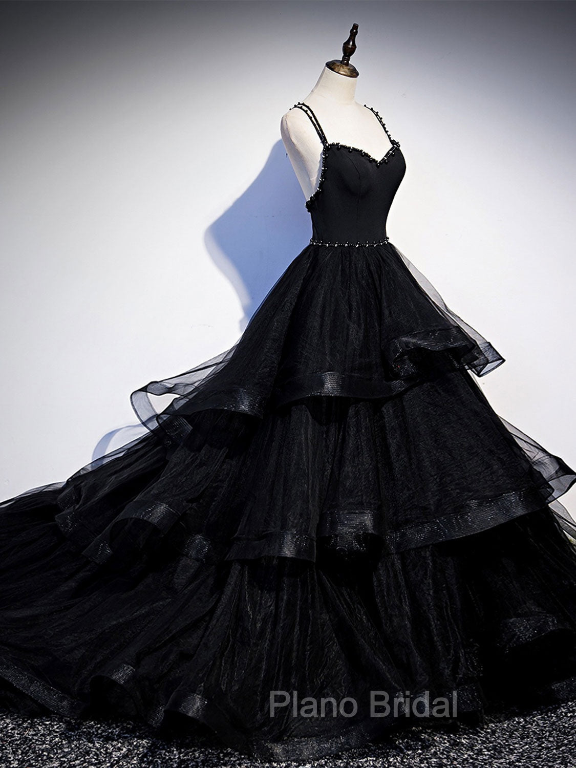 Black V Neck Tulle Long Formal Prom Dresses, Black Formal Graduation Dresses with Beading