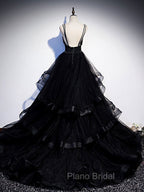 Black V Neck Tulle Long Formal Prom Dresses, Black Formal Graduation Dresses with Beading