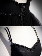 Black V Neck Tulle Long Formal Prom Dresses, Black Formal Graduation Dresses with Beading