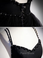 Black V Neck Tulle Long Formal Prom Dresses, Black Formal Graduation Dresses with Beading