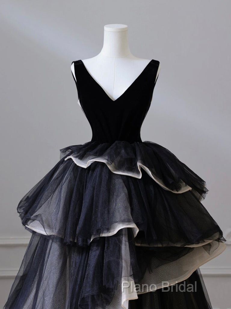 Black V Neck Tulle Long Formal Prom Dresses, Black Long Formal Dresses