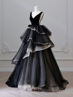 Black V Neck Tulle Long Formal Prom Dresses, Black Long Formal Dresses