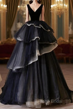 Black V Neck Tulle Long Formal Prom Dresses, Black Long Formal Dresses