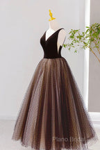 Black V-Neck Tulle Short Formal Prom Dresses, A-Line Black Tea Length Party Dresses