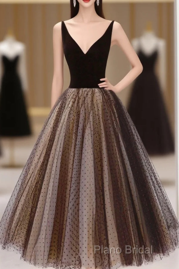 Black V-Neck Tulle Short Formal Prom Dresses, A-Line Black Tea Length Party Dresses Main image