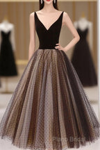 Black V-Neck Tulle Short Formal Prom Dresses, A-Line Black Tea Length Party Dresses
