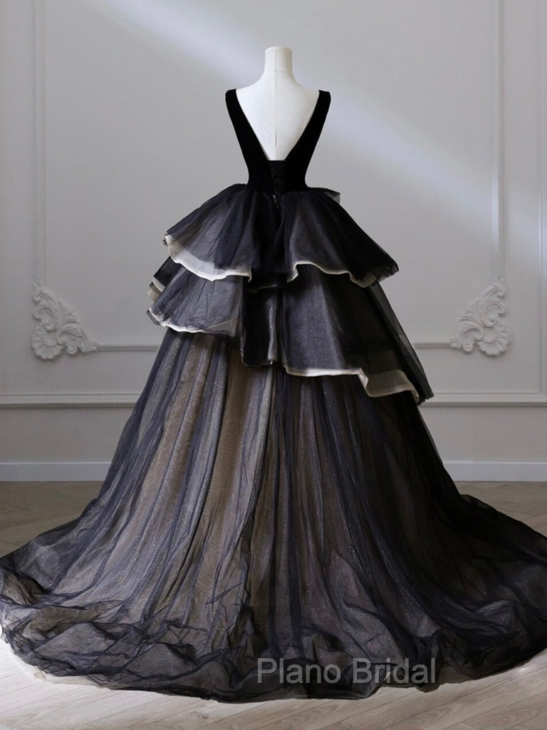 Black V Neck Tulle Velvet Long Formal Prom Dresses, Black Long Formal Dresses