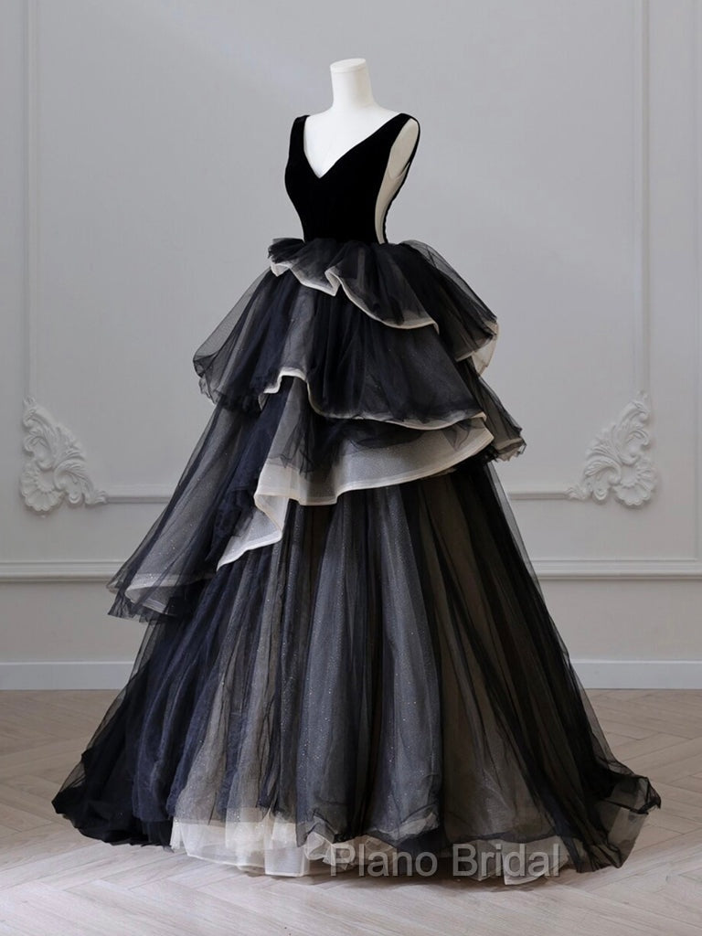 Black V Neck Tulle Velvet Long Formal Prom Dresses, Black Long Formal Dresses