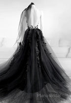 Black V-Neckline Backless Tulle With Lace Party Dresses, Black Long Formal Prom Dresses