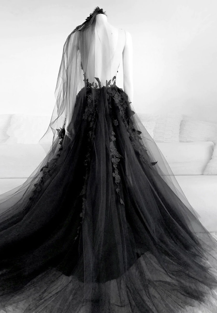 Black V-Neckline Backless Tulle With Lace Party Dresses, Black Long Formal Prom Dresses Secondary image