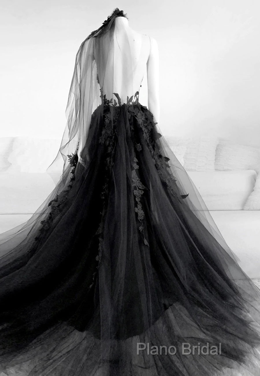 Black V-Neckline Backless Tulle With Lace Party Dresses, Black Long Formal Prom Dresses Secondary image