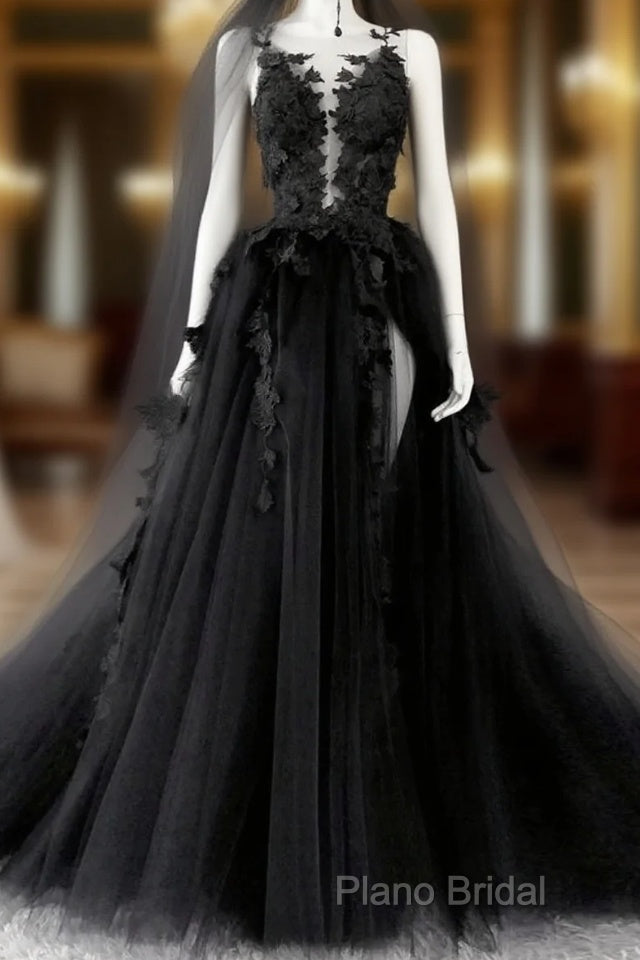 Black V-Neckline Backless Tulle With Lace Party Dresses, Black Long Formal Prom Dresses Main image