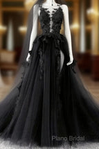 Black V-Neckline Backless Tulle With Lace Party Dresses, Black Long Formal Prom Dresses