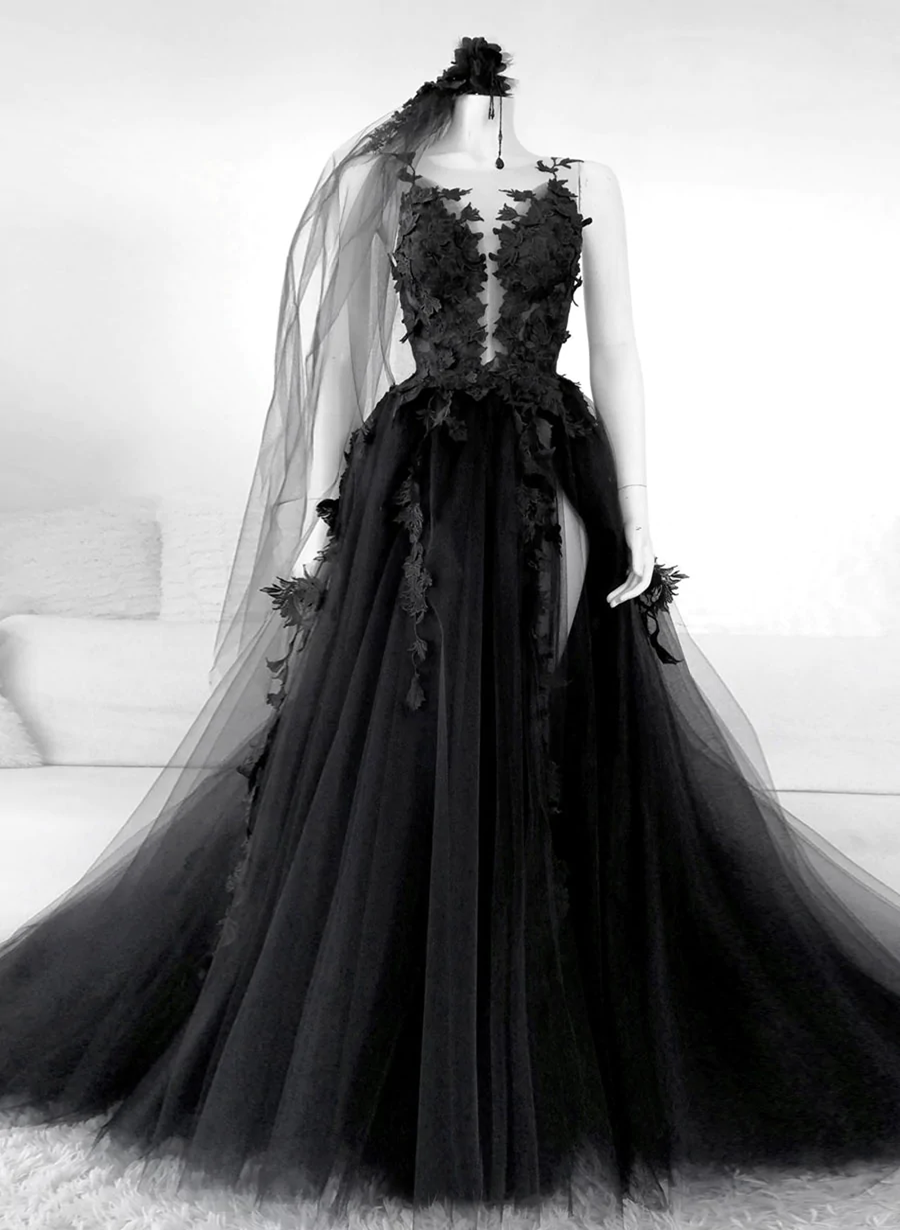 Black V-Neckline Backless Tulle With Lace Party Dresses, Black Long Formal Prom Dresses Main image