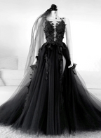 Black V-Neckline Backless Tulle With Lace Party Dresses, Black Long Formal Prom Dresses
