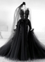 Black V-Neckline Backless Tulle With Lace Party Dresses, Black Long Formal Prom Dresses