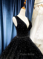 Black V-neckline Shiny Tulle Beaded Sweet 16 Dresses, Black Formal Dresses