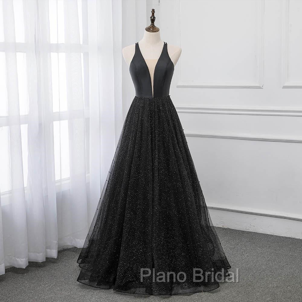 Black V-neckline Tulle and Satin Long Straps Cross Back Formal Prom Dresses, Floor Length Evening Dresses Secondary image