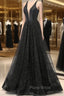 Black V-neckline Tulle and Satin Long Straps Cross Back Formal Prom Dresses, Floor Length Evening Dresses
