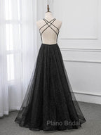Black V-neckline Tulle and Satin Long Straps Cross Back Formal Prom Dresses, Floor Length Evening Dresses