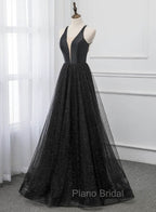 Black V-neckline Tulle and Satin Long Straps Cross Back Formal Prom Dresses, Floor Length Evening Dresses