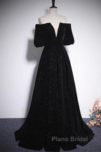 Black V-Neckline Velvet Off Shoulder Party Dresses, A-Line Black Formal Prom Dresses Evening Dresses
