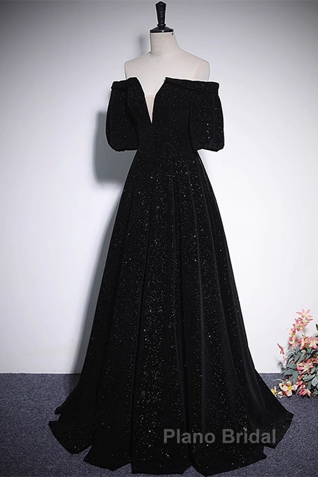 Black V-Neckline Velvet Off Shoulder Party Dresses, A-Line Black Formal Prom Dresses Evening Dresses