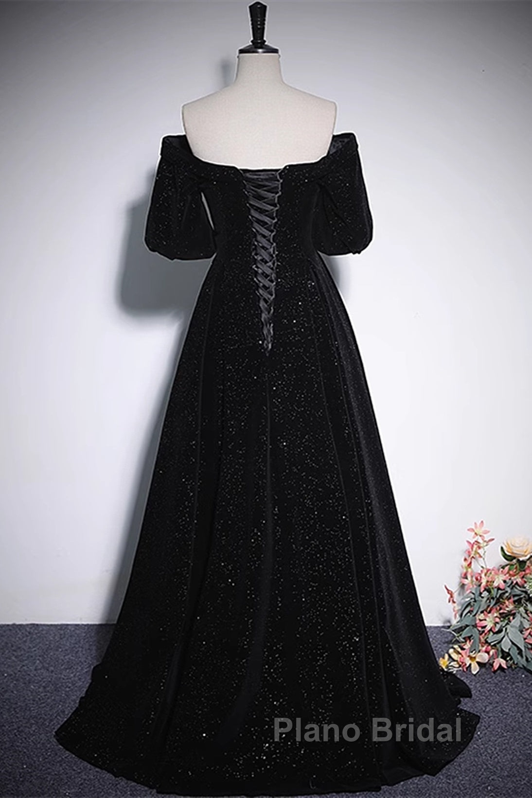 Black V-Neckline Velvet Off Shoulder Party Dresses, A-Line Black Formal Prom Dresses Evening Dresses