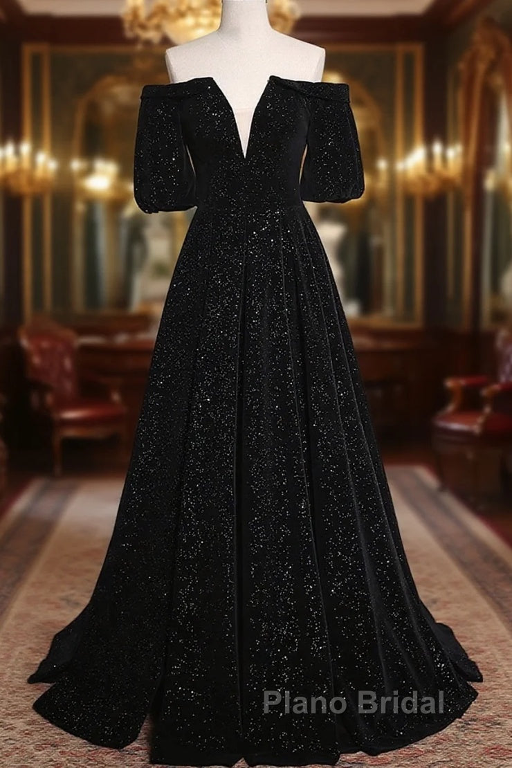 Black V-Neckline Velvet Off Shoulder Party Dresses, A-Line Black Formal Prom Dresses Evening Dresses Main image