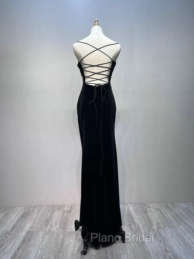 Black Velvet A-line Straps Wedding Party Dresses, Black Long Evening Dresses Formal Prom Dresses